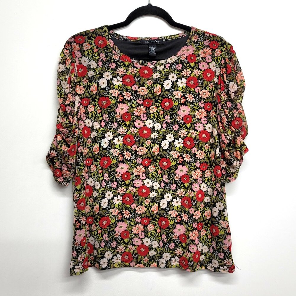 A Love Story Multi Floral Ruched Sleeve Mesh Top XL